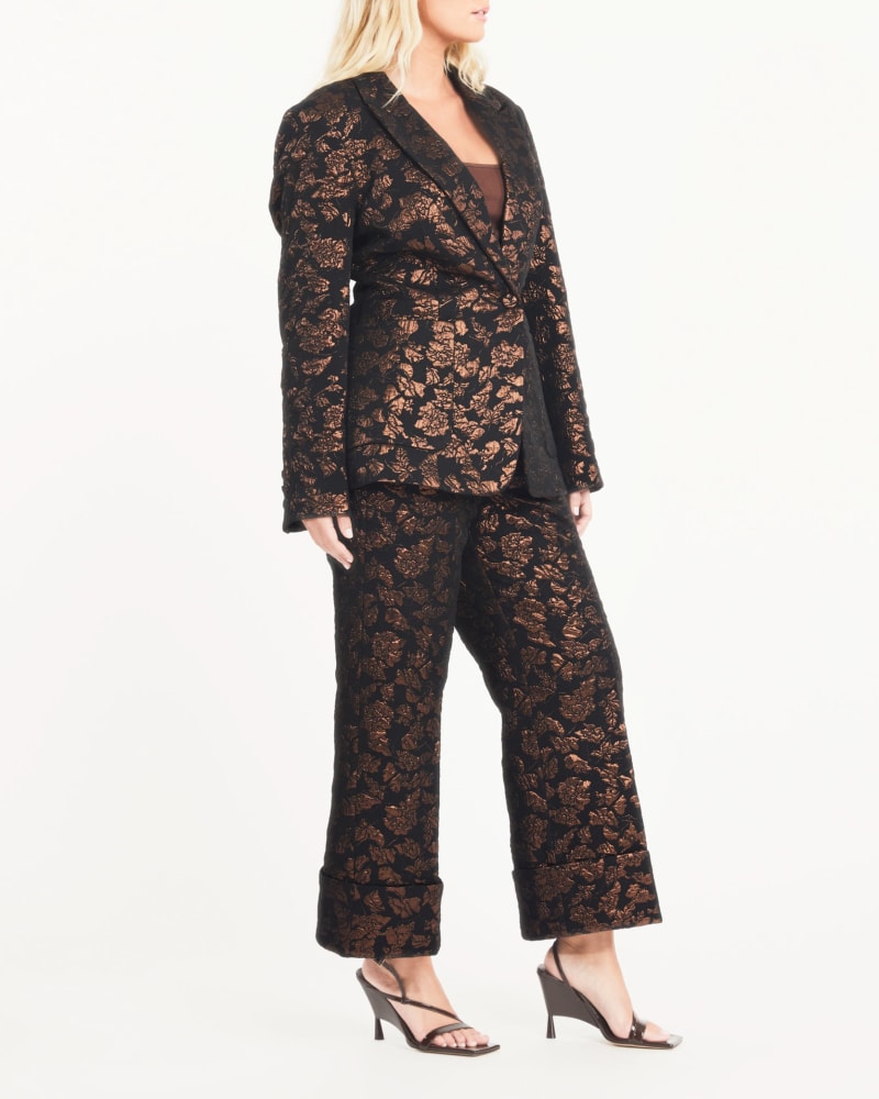 Side of a model wearing a size 10 Jared Jacket in DEEP BRANDY/BLACK by Tanya Taylor. | dia_product_style_image_id:283264